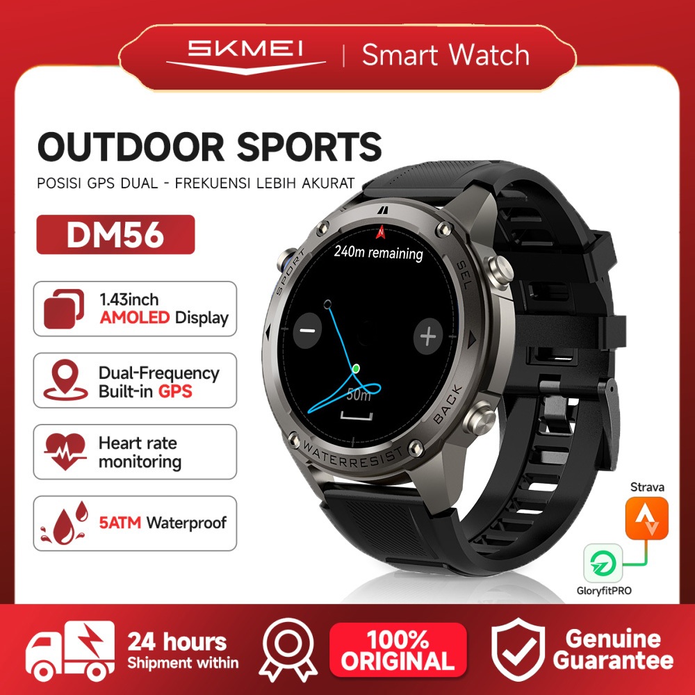 SKMEI DM56 Smartwatch GPS Map | 1.43 Amoled | 5ATM Waterproof | Compass | Altitude Air Pressure jam 