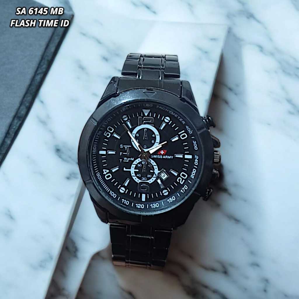Jam Tangan Pria Anti Air Sport Rantai Steel Kalender Aktif Swiss Time SA 6145 Fashion Cowok Watches