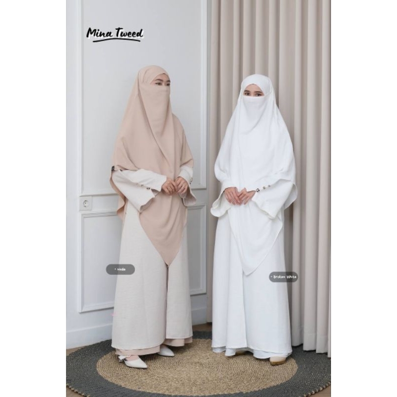 set FK Abaya Mina tweed khumaaz, Abaya akad nikah, gamis akad nikah, gamis ihram Umroh n Haji