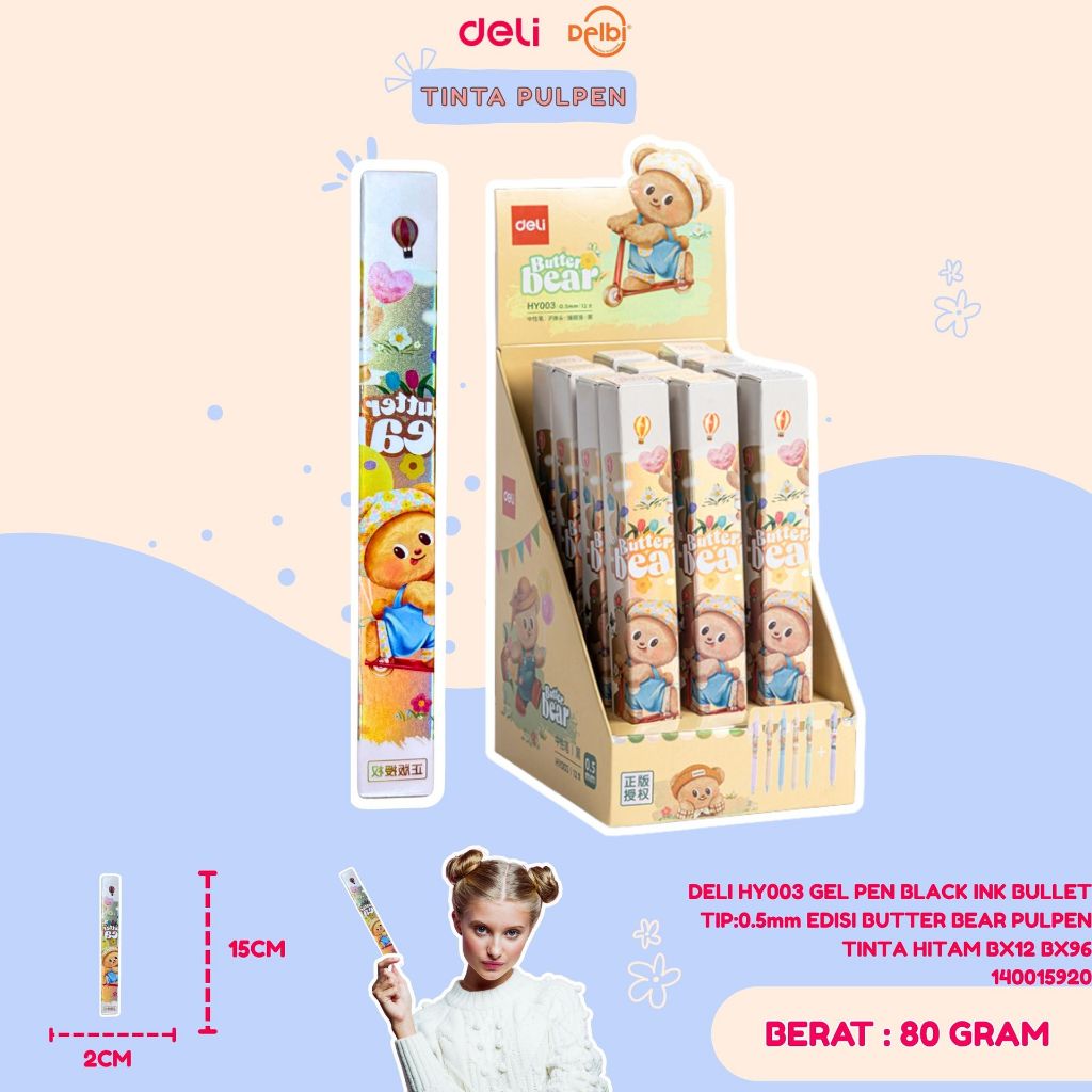 

1PCS DELI HY003 GEL PEN BLACK INK BULLET TIP:0.5mm EDISI BUTTER BEAR PULPEN TINTA HITAM
