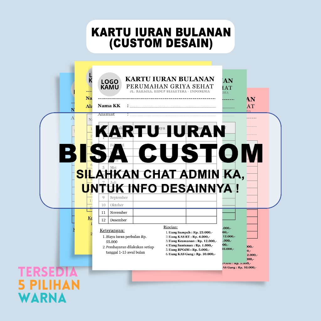 (ISI 20 LEMBAR) KARTU IURAN BULANAN CUSTOM / KARTU IURAN WARGA / Iuran Masyarakat / Iuran RT RW