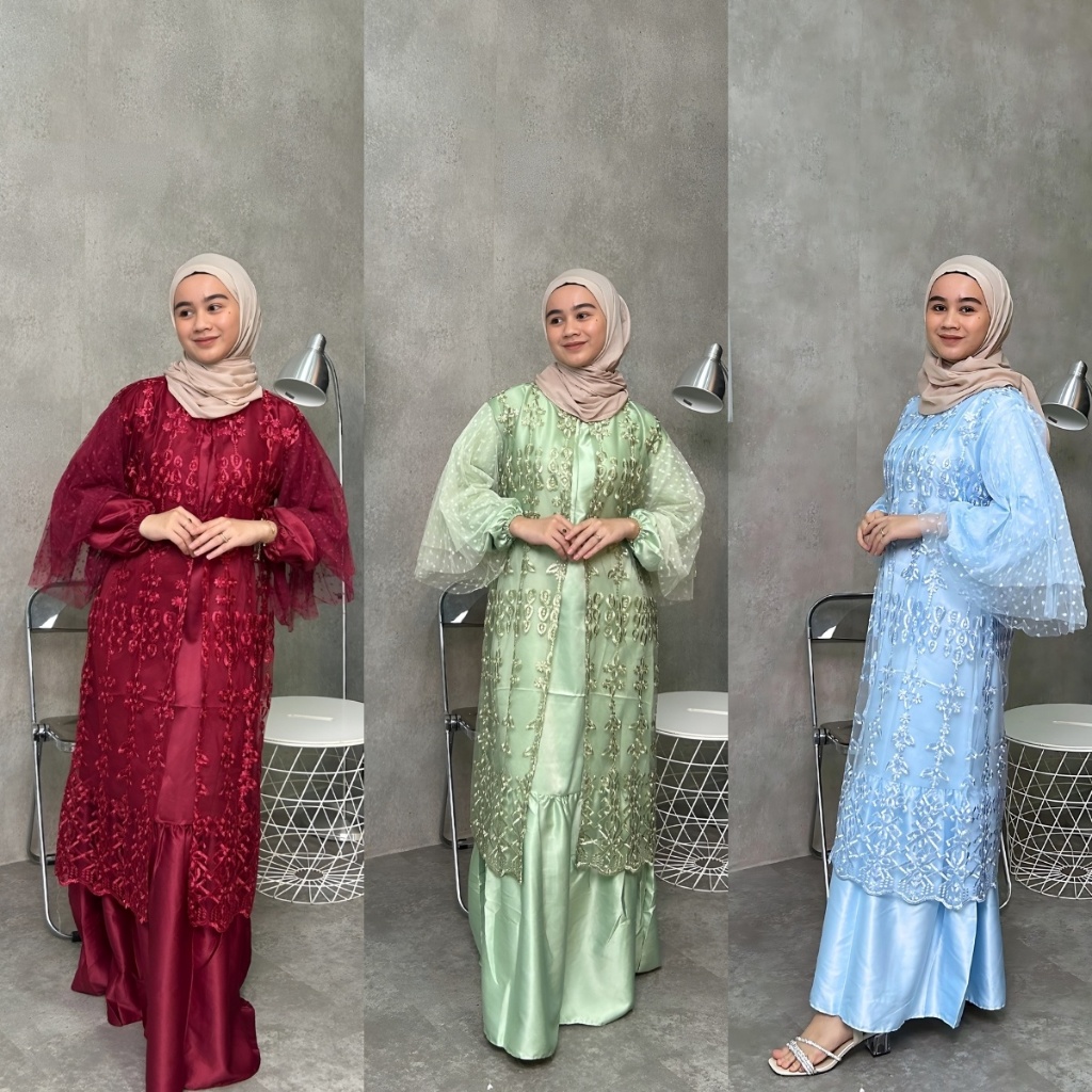 DEVINA DRESS ONE SET BAHAN SATIN OUTER BRUKAT TILE GAUN KODANGAN DRESS LAMARAN BRIDESMAID GAMIS MUSL