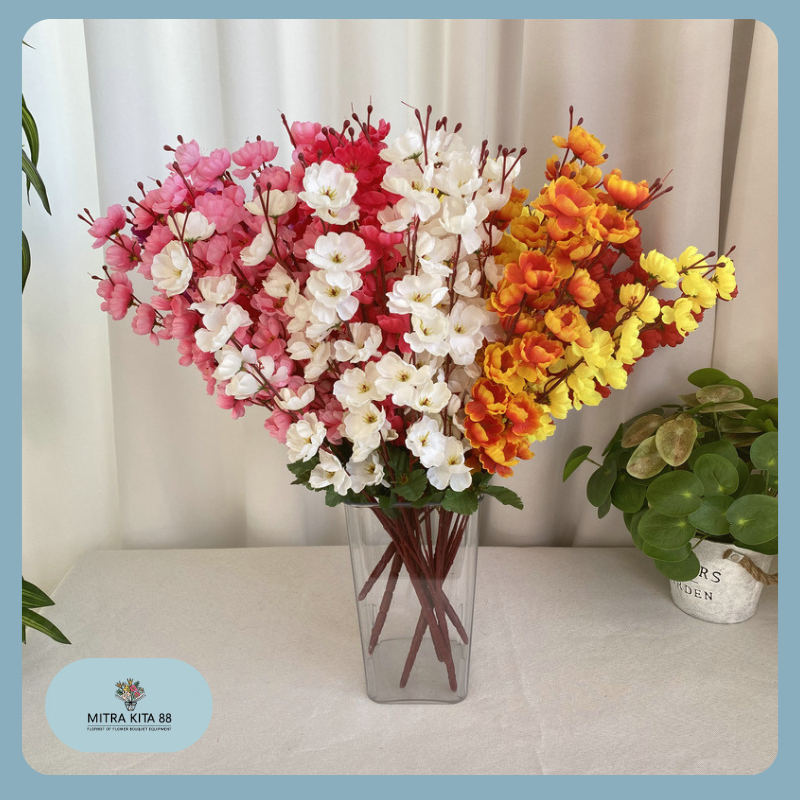 Bunga Sakura Cherry Blossom Tangkai Plastik Daun Sakura Artificial Panjang 65cm Imlek Tanaman Hias B