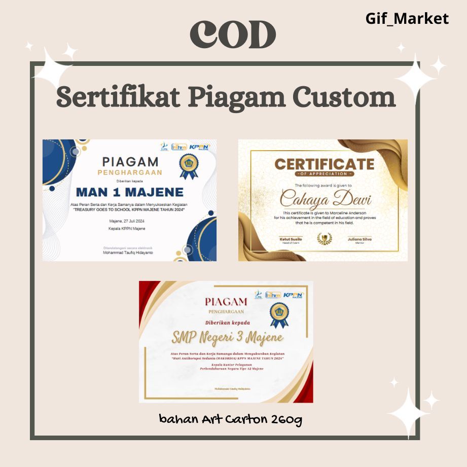 

Sertifikat | Piagam | A4 | COD | Free Ongkir | Custom | Tent Card