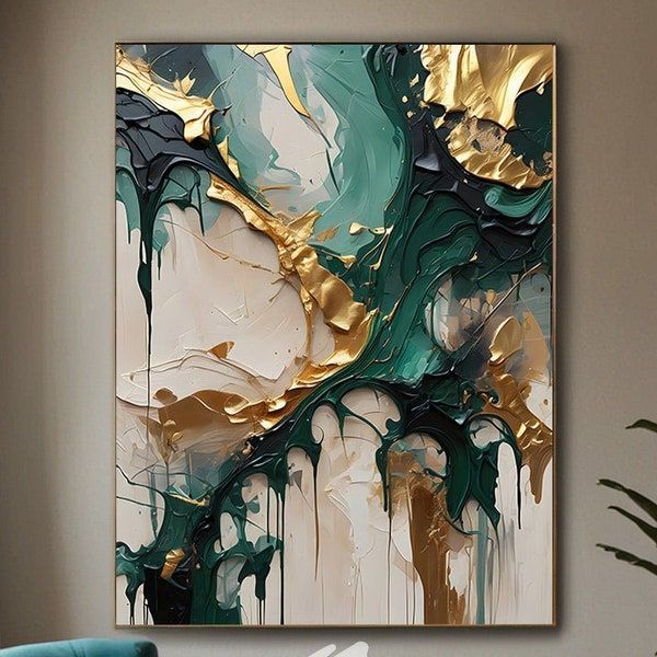lukisan dinding abstrak hijau gold minimalis modern art aestatic 3d timbul kanvas handmade