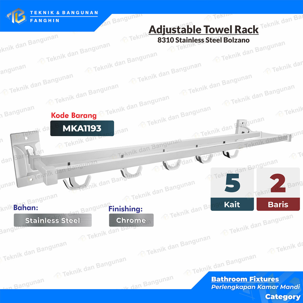 RAK HANDUK LIPAT STAINLESS STEEL CHROME 2 BARIS BOLZANO 8310 GANTUNGAN DINDING BAJU HANDUK