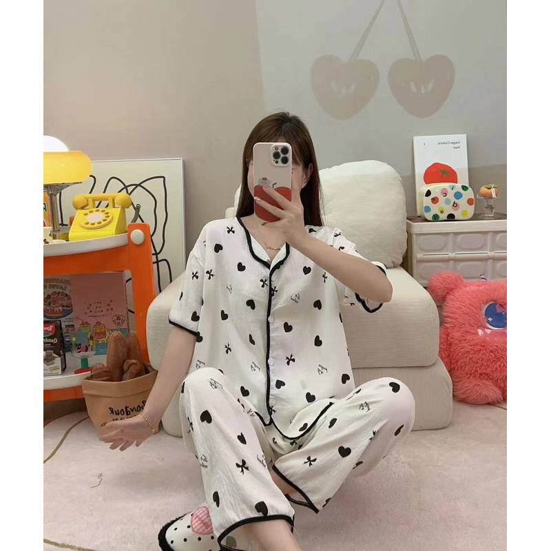 piyama baju tidur wanita setelan panjang katun yundo crinkle kancing