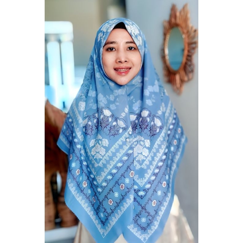 Jilbab Printing Bahan Voal Premium Warna Biru Murah