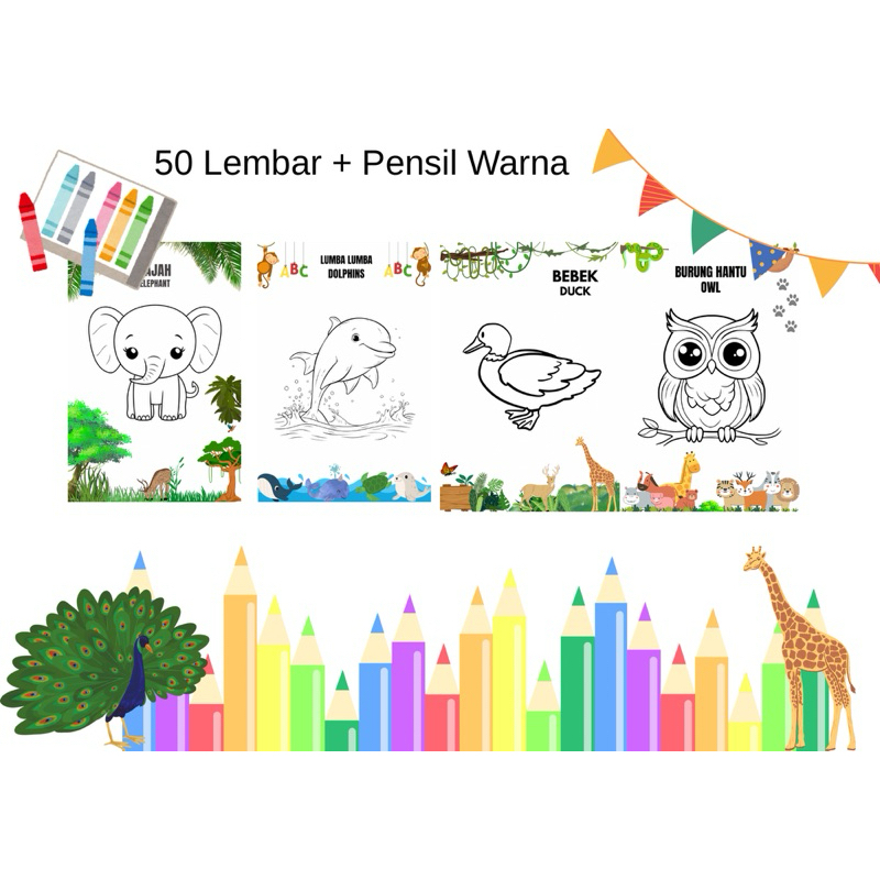 

50 Lembar kertas mewarnai untuk anak TK/SD/PAUD kertas ukuran A5 HVS free pensil warna