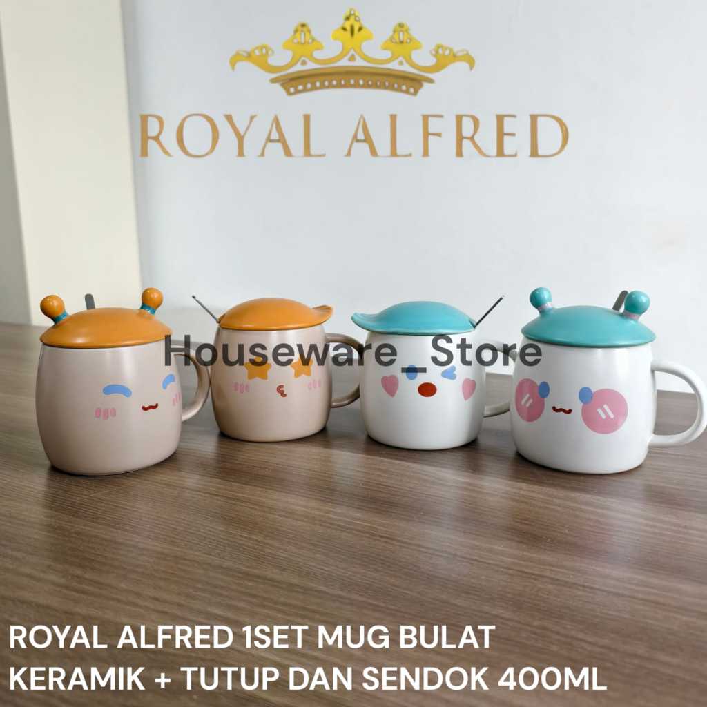 ROYAL ALFRED 1 set Mug Bulat Keramik + Tutup 400ml Assorted BT-1409