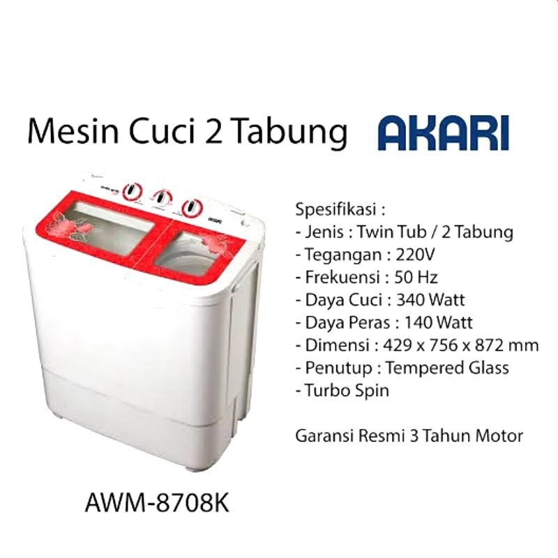 Mesin Cuci 2 Tabung AKARI Turbo Spin AWM-8708 Penutup Bening/ Tembus Pandang 6 Kg