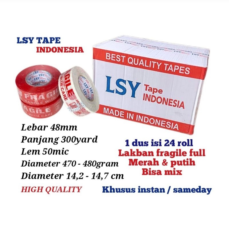 

lakban fragile full merah & putih 300yard 1 dus isi 24 roll LSY TAPE INDONESIA ( CBM )