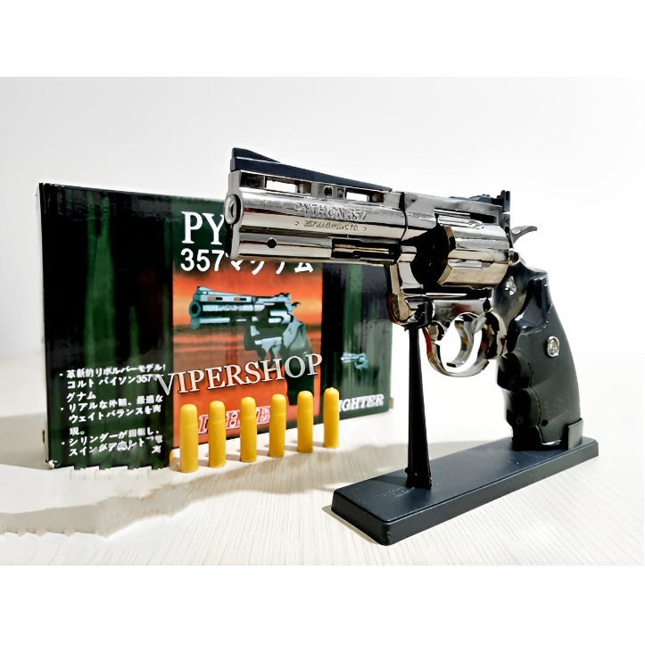 Korek Api Gas Model Pistol Besar Python 6 Peluru Plus Stand Tatakan / Korek Api Pistol mainan Peluru