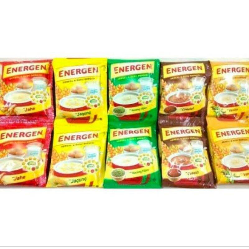 

ENERGEN SUSU & CEREAL SACHET RASA VANILLA | COKELAT | KACANG HIJAU | JAHE | KURMA NETTO 1 RENCENG 25 GRX10PCS