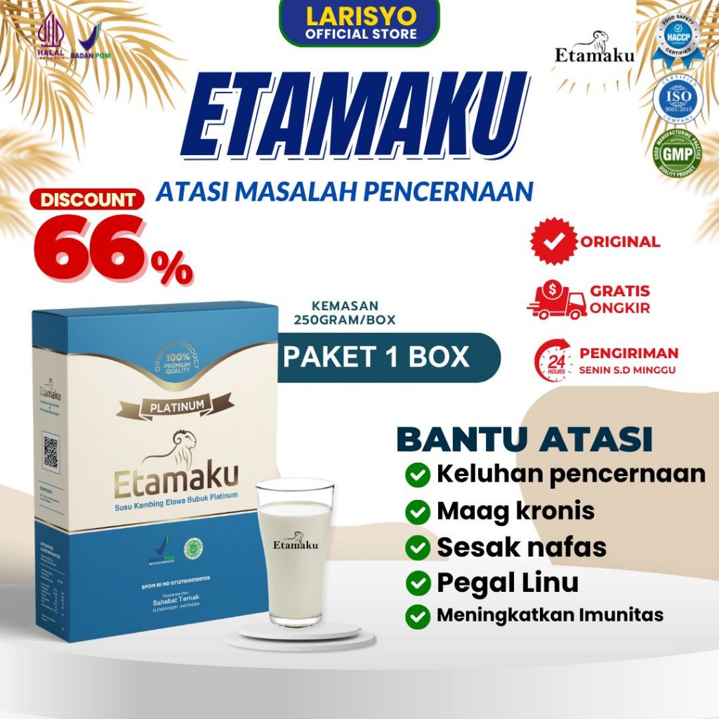 

Etamaku Susu Kambing Etawa Untuk Kesehatan Lambung dan Pencernaan Kemasan 250gr Paket 1 Box