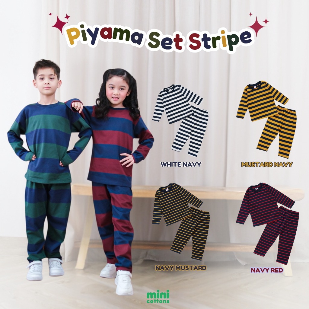 MINI COTTONS Piyama Anak Salur  Setelan Baju Tidur Anak Stripe 1-12 Tahun