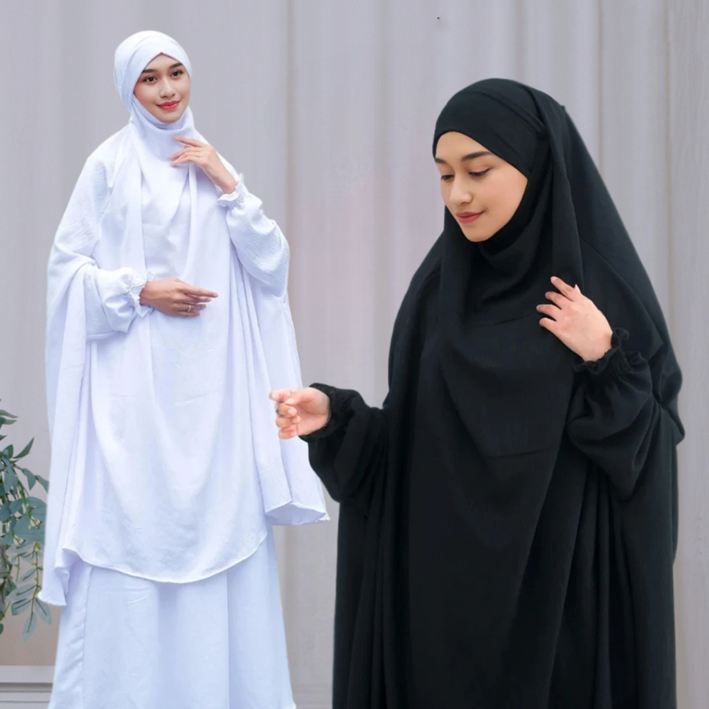 Salma - Gamis Umroh Haji Warna Hitam Putih Set French Khimar Lengan dengan Rok Bahan Crinkle
