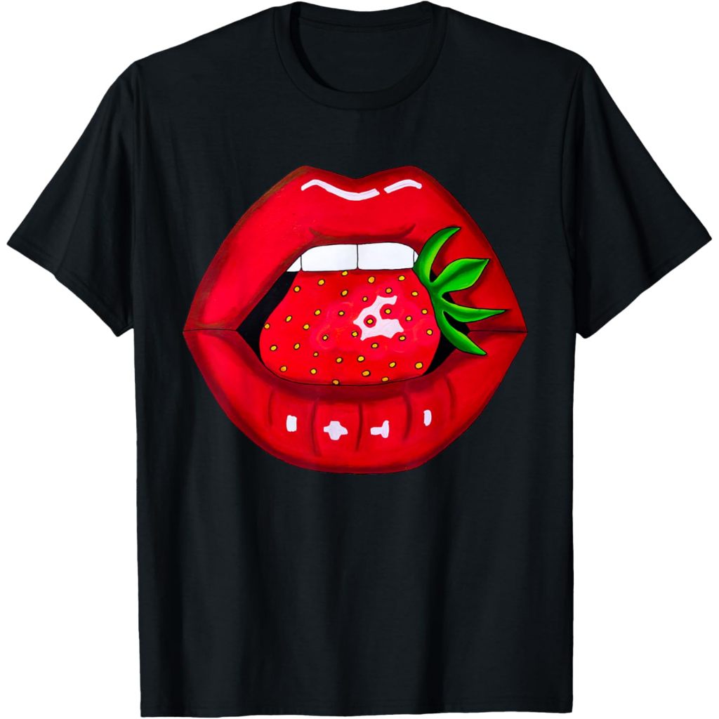 Kaos Anak Sexy Strawberry Lips Red Lipstick Woman's Lip Strawberries T-Shirt Pakaian Fashion Baju At