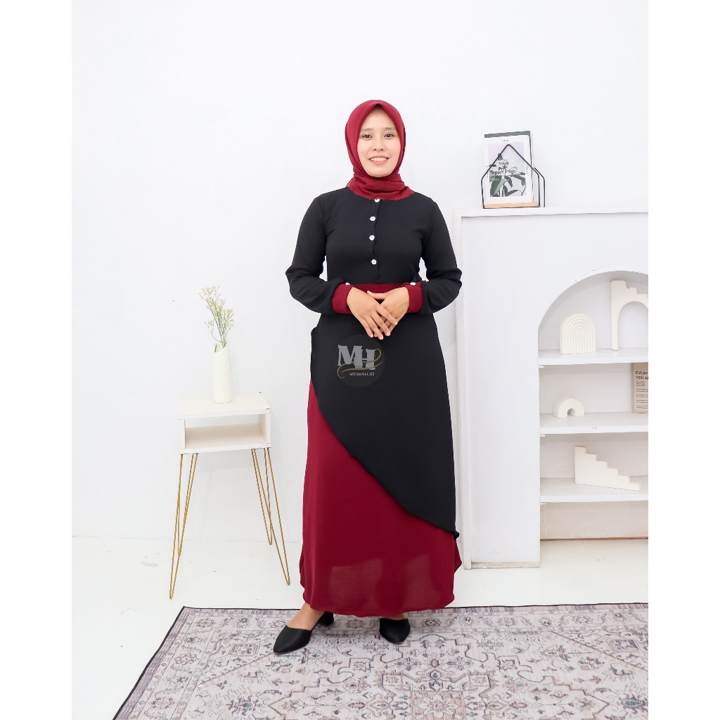 Gamis Wanita Remaja Kombinasi Hitam Maroon Elegan - Dress Muslimah Simple Modern