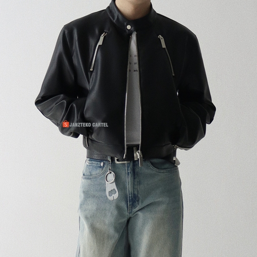 JNK x JERI - Jaket Crop Boxy Pria Granger Mafia Semi Kulit Sintetis Viena PU Leather Jacket Vintage 