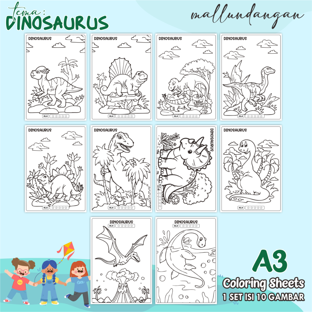 

LEMBARAN MEWARNAI ANAK A3 - TEMA DINOSAURUS - PAPER COLORING SHEETS FOR KIDS
