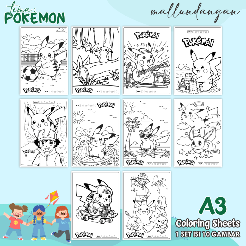 

LEMBARAN MEWARNAI ANAK A3 - TEMA POKEMON - PAPER COLORING SHEETS FOR KIDS
