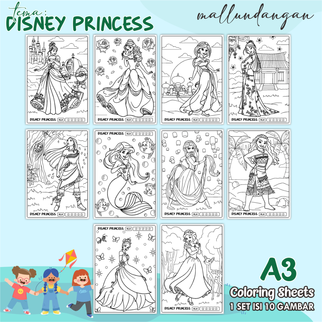 

LEMBARAN MEWARNAI ANAK A3 - TEMA DISNEY PRINCES - PAPER COLORING SHEETS FOR KIDS