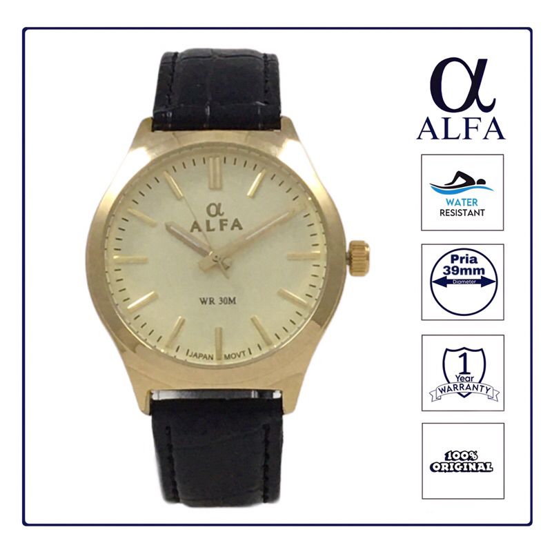 ALFA Jam Tangan Pria Kulit Tahan Air warna Gold K6001 Original