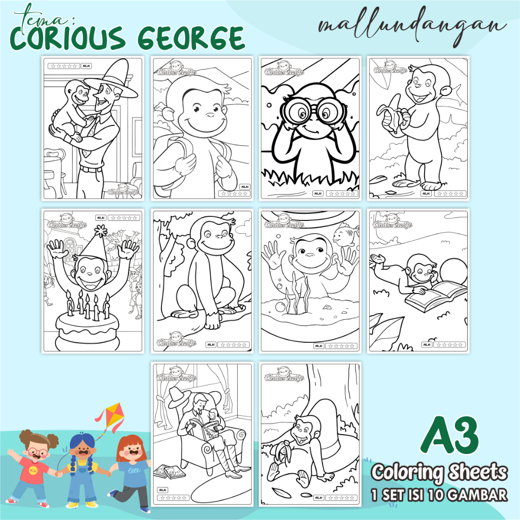 

LEMBARAN MEWARNAI ANAK A3 - TEMA CORIOUS GEORGE - PAPER COLORING SHEETS FOR KIDS
