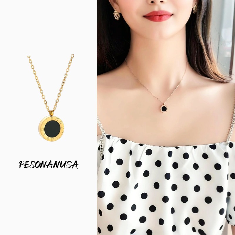 ‌Kalung Baja Titanium Premium - Liontin Angka Romawi & Cincin Huruf Minimalis, Rantai Tulang Selangk