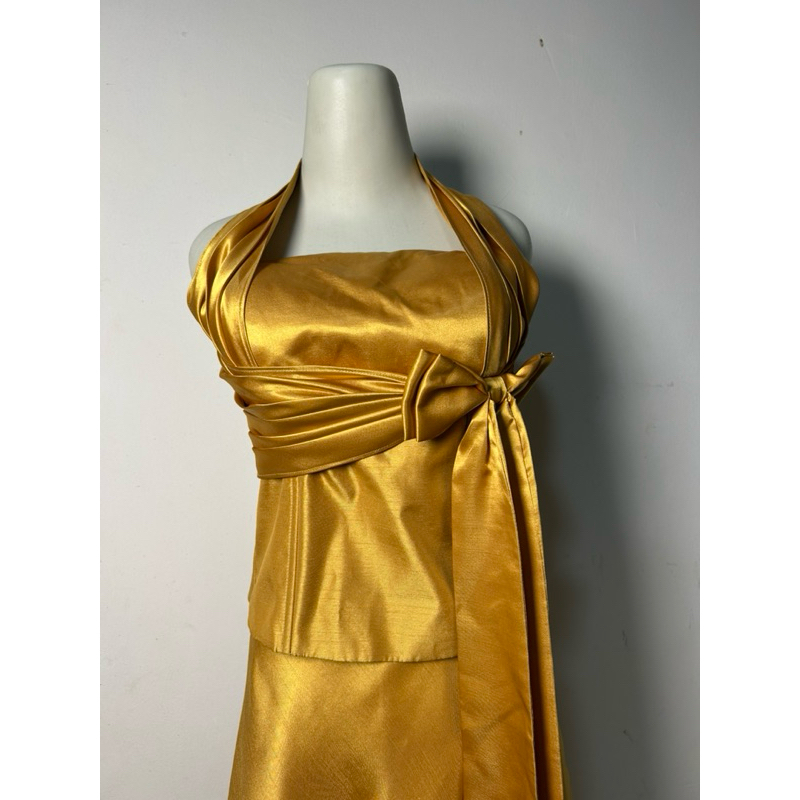 GOLD PARTY MAXI DRESS LONG DRESS 2 SET MURAH GAUN PESTA EMAS HALTER NECK PRELOVED