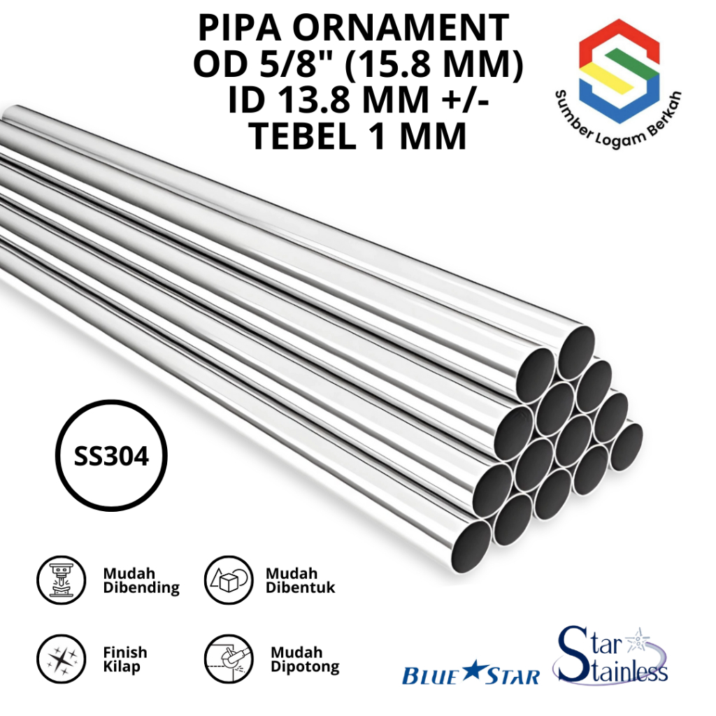 Pipa 5/8 inch ( 15.8 MM ) stainless steel tebel 1 mm 304