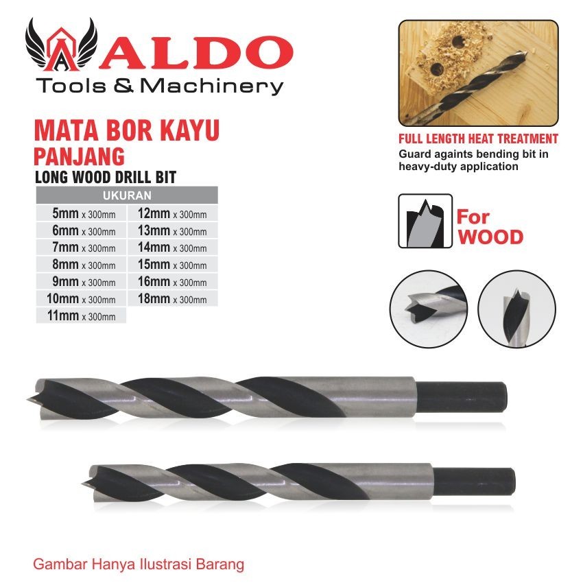 MATA BOR KAYU PANJANG / MATA BOR PELUBANG KAYU / LONG WOOD DRILL BIT MERK ALDO
