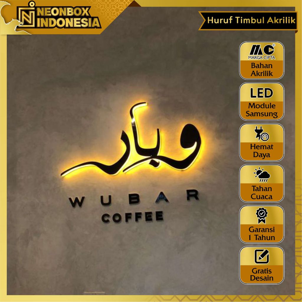 Huruf Timbul Arab Sambung 3D Akrilik Led Nyala Lampu Huruf Timbul 3D Letter Kaligrafi Laser Cut Aman