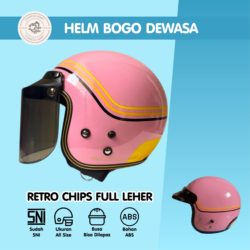 Bivi Helm Bogo Retro Classic Ori Wanita Pria Dewasa Pink Chips SNI Full Leher