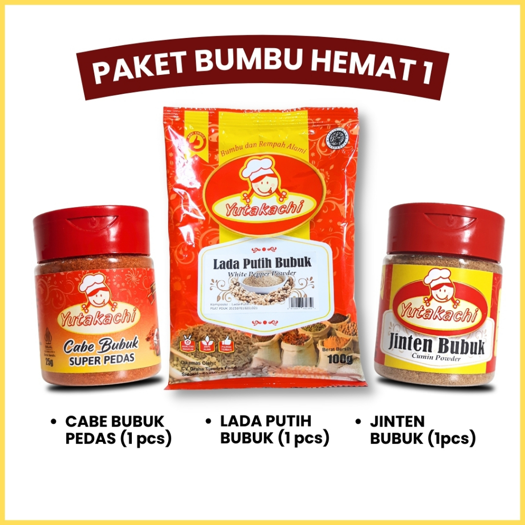 

Paket Bumbu Rempah Yutakachi 3Item (Cabe Bubuk Pedas Botol - Laada Putih Bubuk 100gr - Jinten Bubuk Botol)