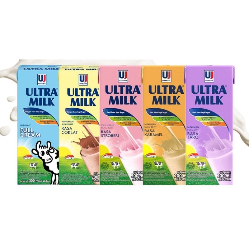 

Ultra Milk UHT 200ml Satuan Rasa Full Cream / Cokelat / Karamel / Stroberi / Taro | Halal