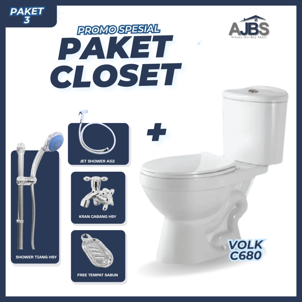 Paket Kloset Closet Volk C Kloset Volk C680 Jet Shower A52 Shower Tiang, Kran HSY, Free Tempat Sabun
