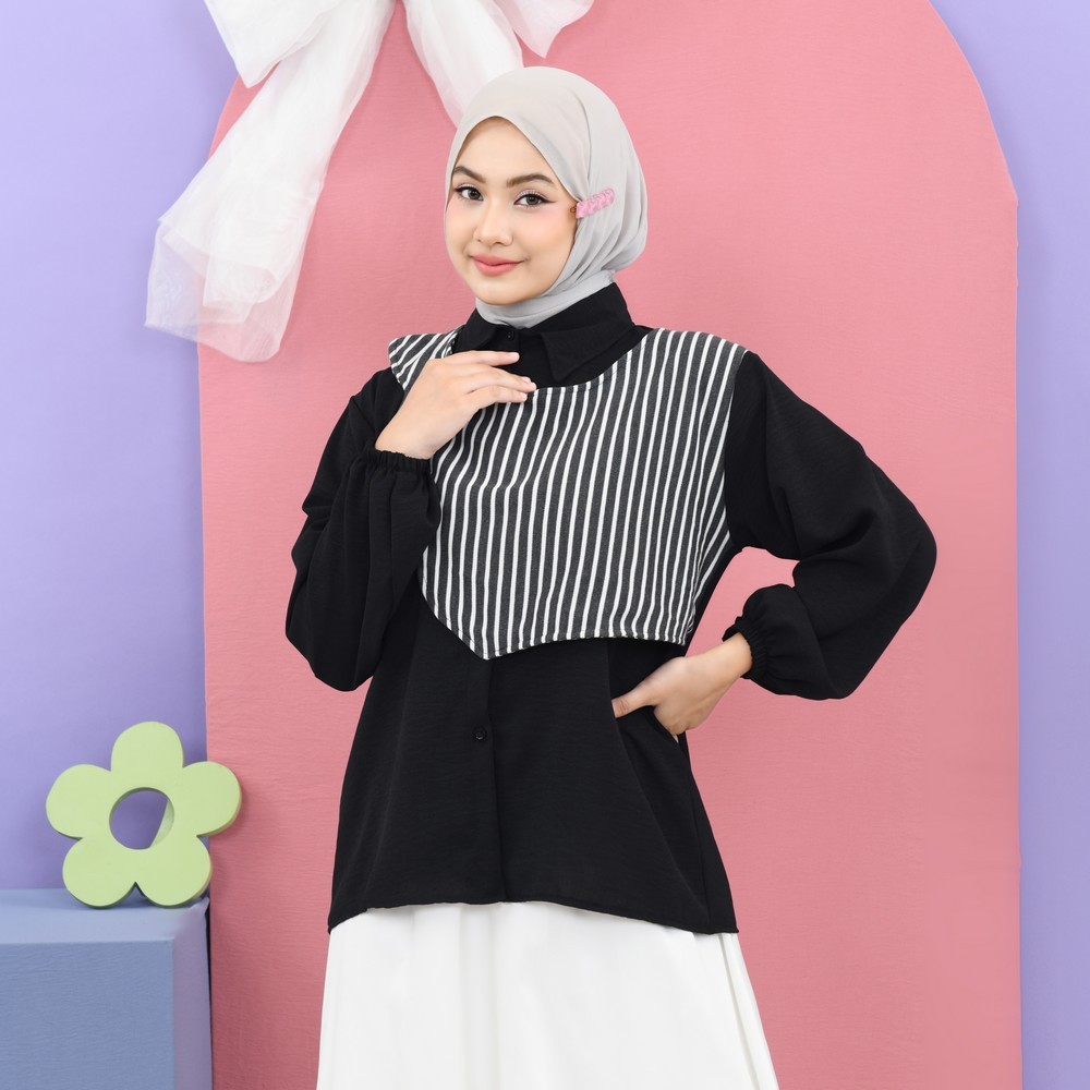 Mybamus Gladys Layer Stripe Baju Kemeja Vest Wanita Set