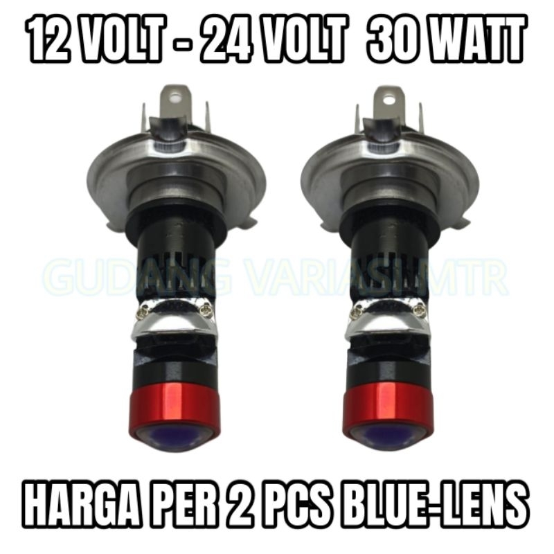 ( 2 PCS ) LAMPU DEPAN UTAMA H4 BILED PROJECTOR 12 VOLT - 24 VOLT 60 WATT BLUE LENS LASER GUN PUTIH -