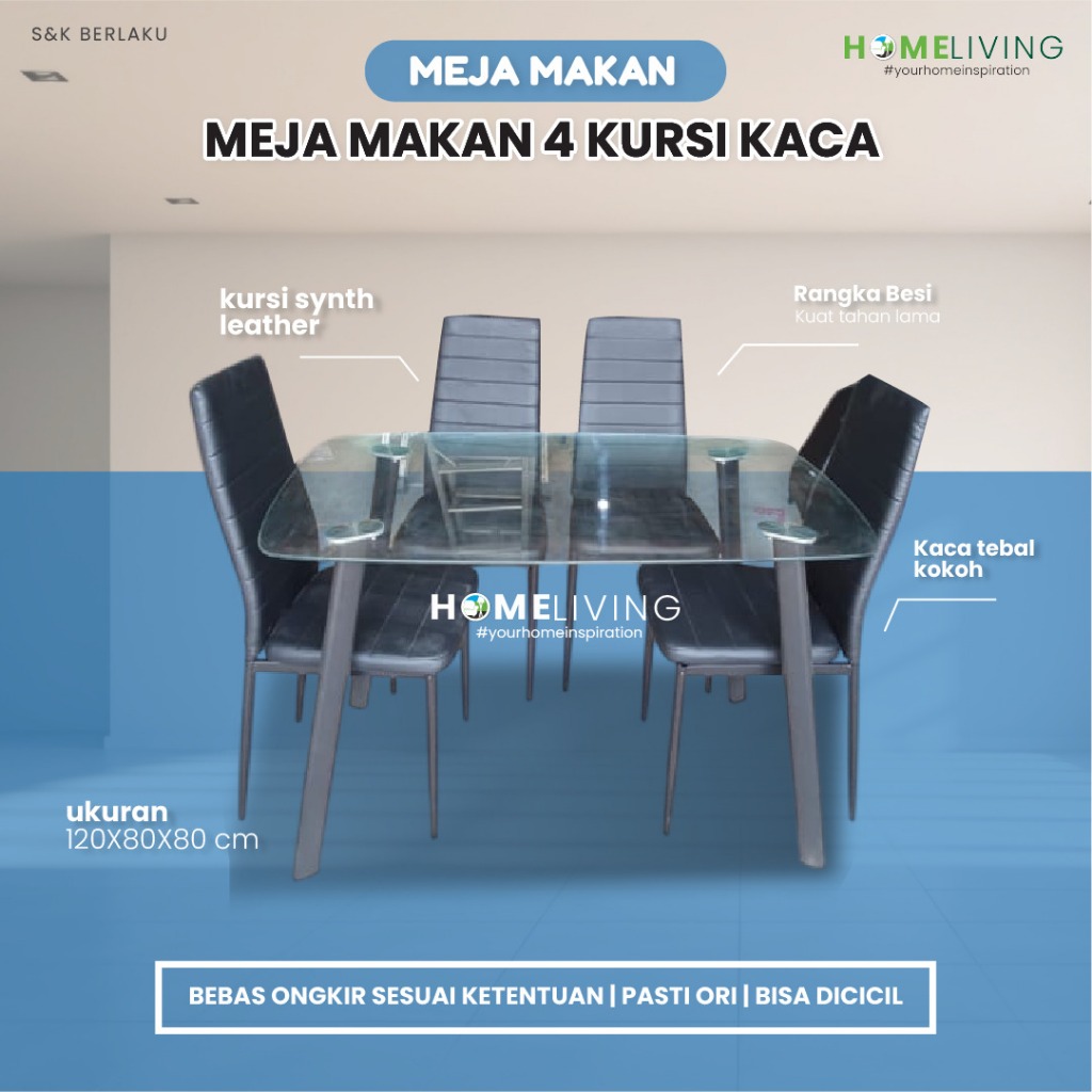 HOMELIVING - MEKA MAKAN - MEJA KACA - MEJA MAKAN KACA - MEJA MAKAN 4 KURSI - SET MEJA MAKAN