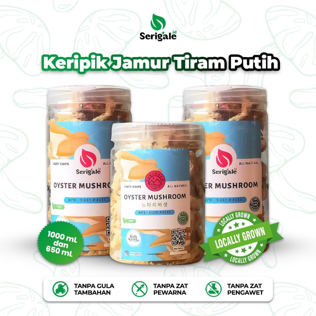 

Serigale Keripik Jamur Tiram Putih Oyster Mushrom Chips 1000&650 ML, Camilan Diet Sehat Natural