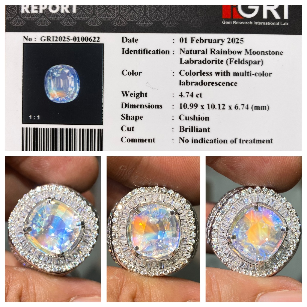 Natural 4.74ct rainbow moonstone hq microsetting memo gri