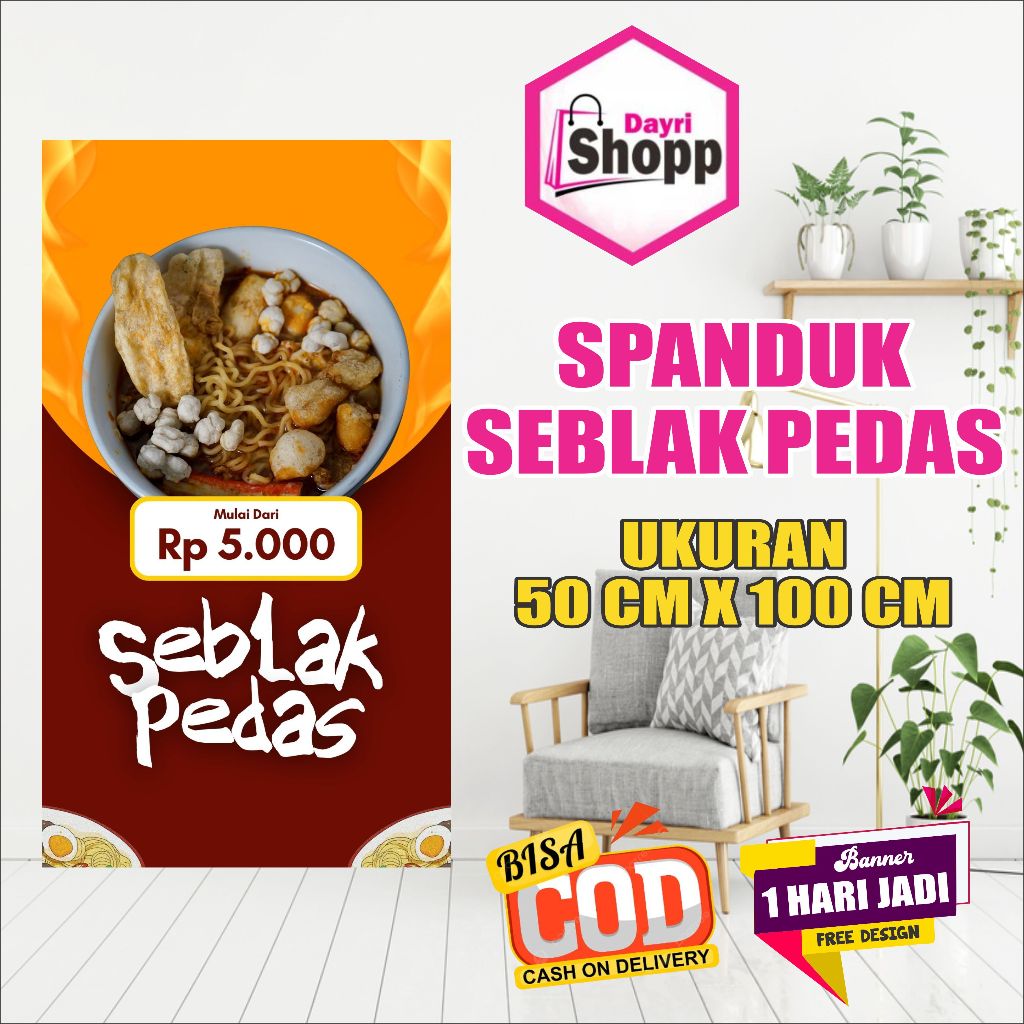 Spanduk Kuning & Merah Minimalis Promosi Menu Makanan Seblak  Custom Murah Berkualitas