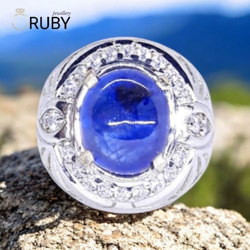 Cincin Batu Natural Blue Sapphire Corundum Plus Memo