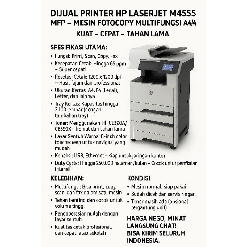 Printer Hp LaserJet m4555 mfp mesin fotocopy A4 F4