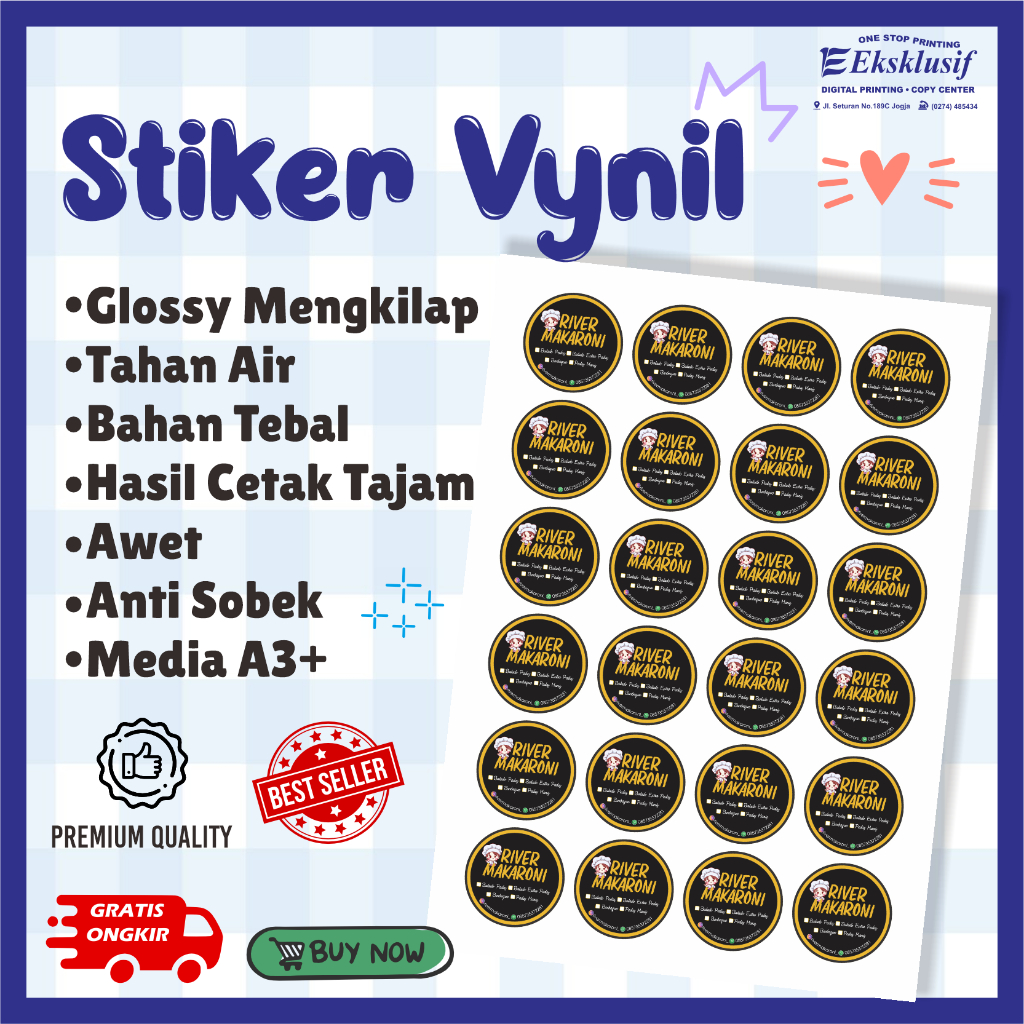 

Stiker Packaging / Stiker Custom / Stiker Anti Air / Stiker A3 vynil / Stiker botol / Label / olshop