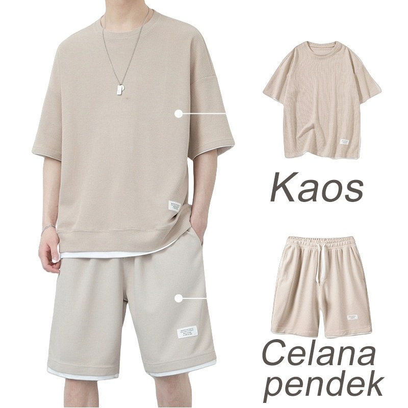 NEW PRODUCT (Waffle)Baju Setelan Pria/Baju Oversize Pria/Korea Style Pria - Kaos dan Celana Pendek4
