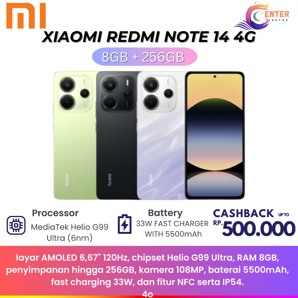 Xiaomi Redmi Note 14 4G 8GB + 256GB - NFC - AMOLED 120Hz Official Warranty