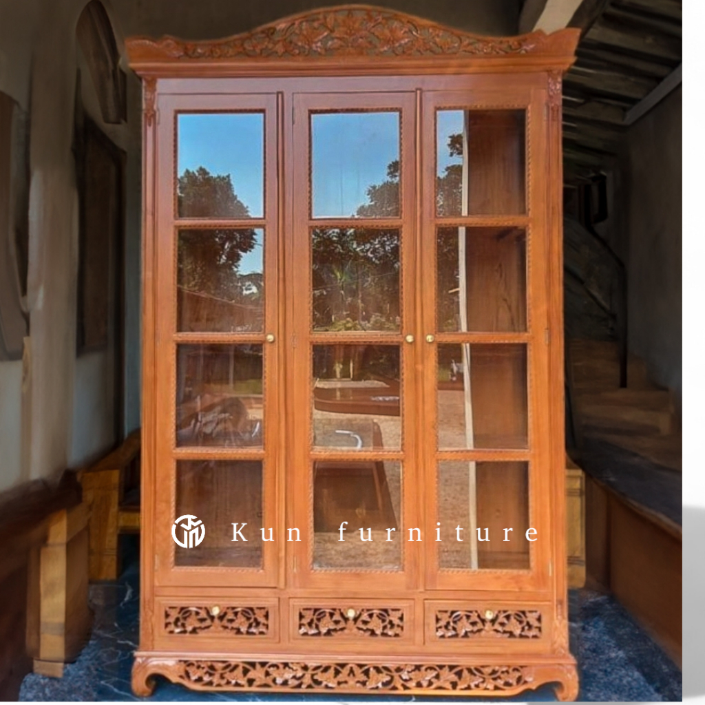 Lemari Pajangan Kaca Ukir Jati Lemari Hias Kaca Pintu 3